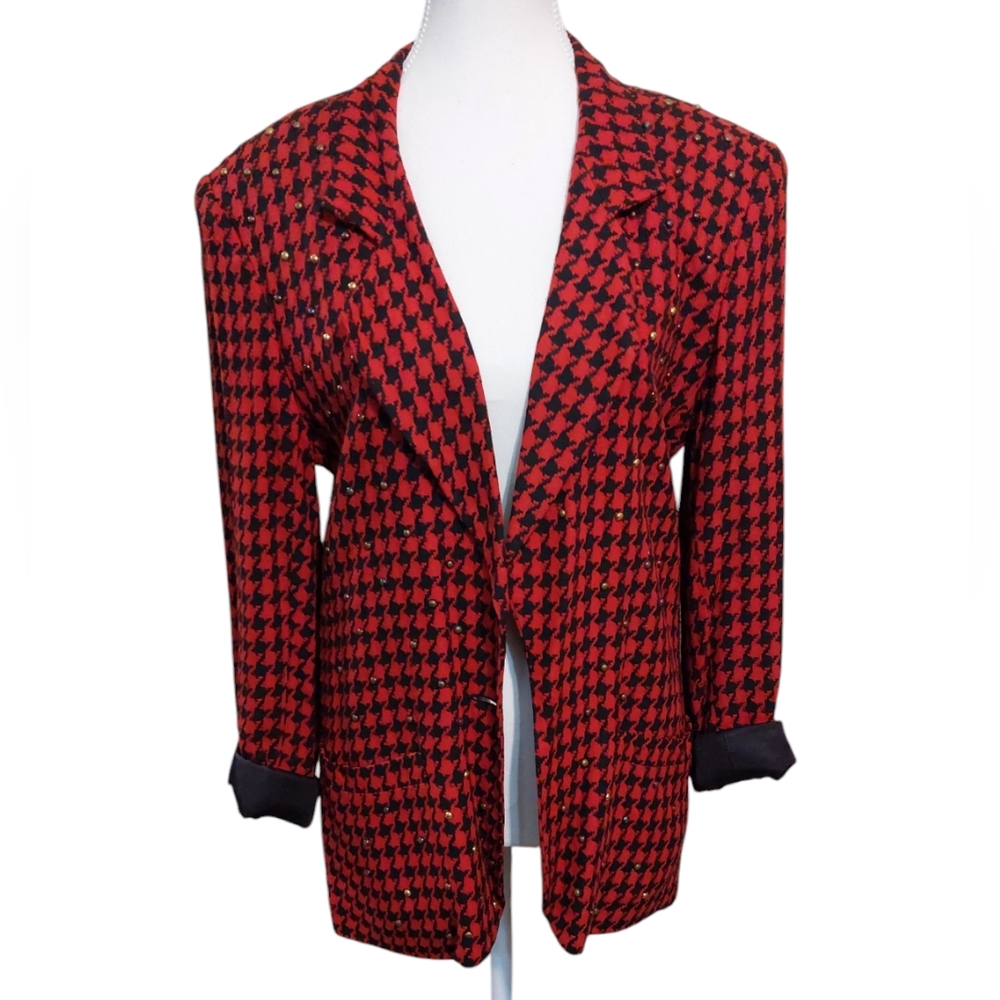 Cedars Brand Red Houndstooth Women's Blazer Size Medium Petite